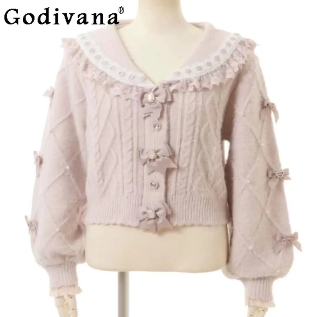 

Japanese Style Liz Mine Sweet Short Knitted Cardigan Jacket Women's Autumn and Winter New Bow Sailor Collar Pink Sweaters 2025