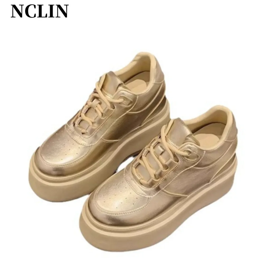 NCLIN Sneakers da donna in vera pelle punta tonda con tacco alto cucito scarpe stringate moda donna primavera autunno Sneakers