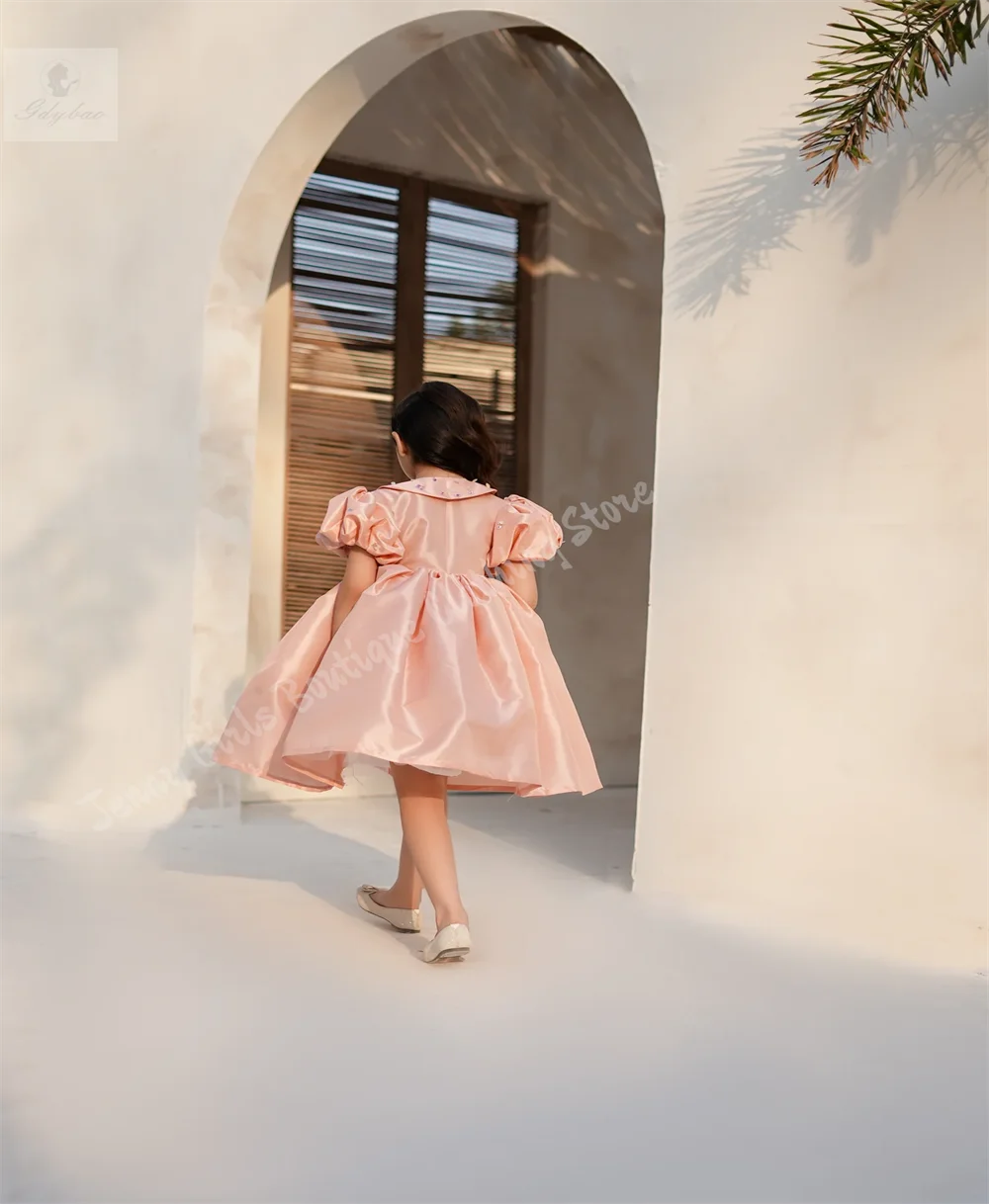 Pink Peter Pan Collar Satin Girl's Dress Knee-Length Children's Birthday Holy Pageant Event Dress Customizable
