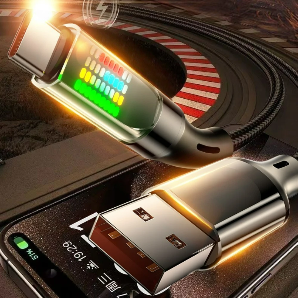 

120W 6A Type C Flow Light Display Charging Cable USBA To Type C Nylon Cable with LED Screen for iPhone 15 16 17 huawei Xiaomi