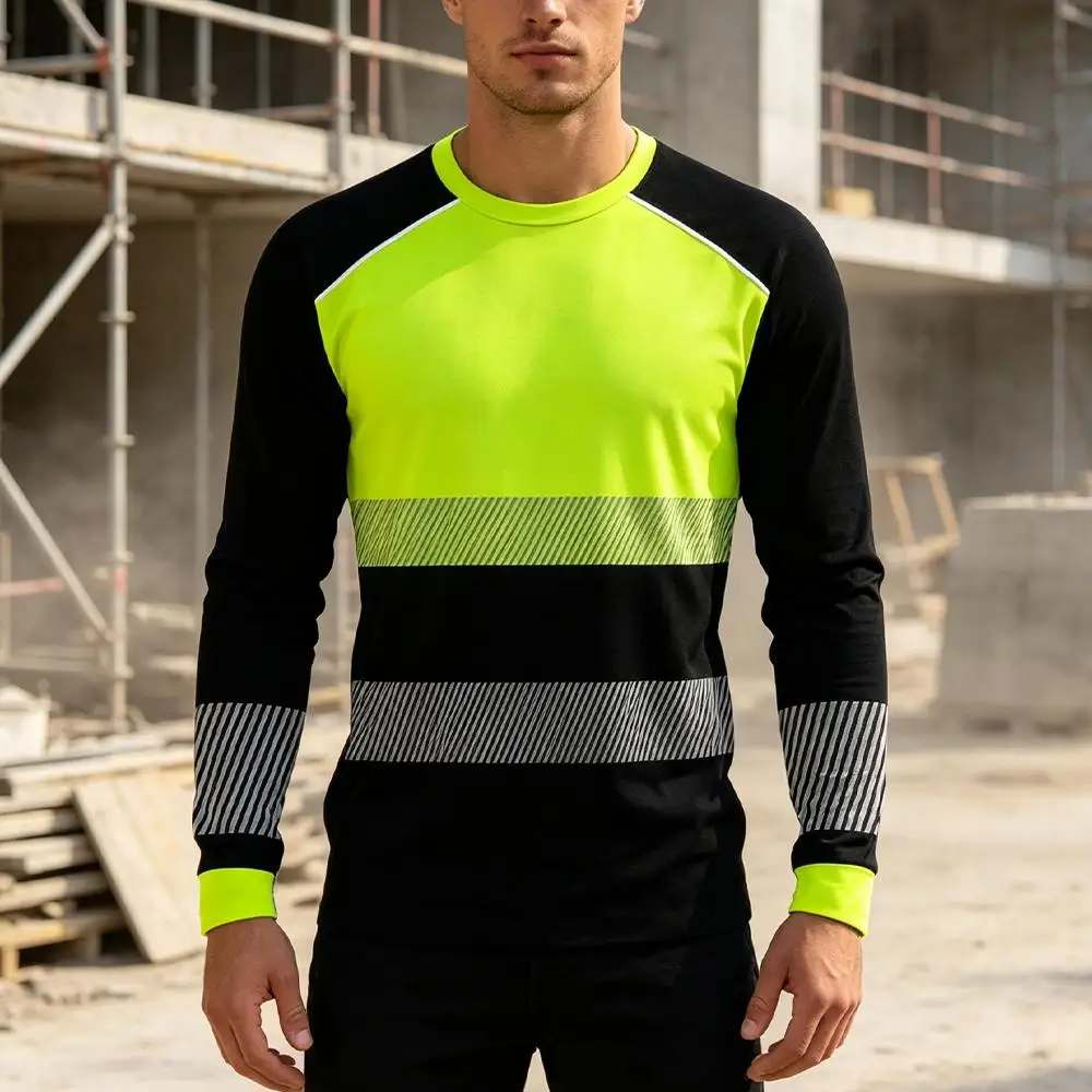 Men Long Sleeve Work Clothing Fluorescent Green Black Striped Safety T‑Shirt Quick Dry Breathable Construction Site Workwear Top