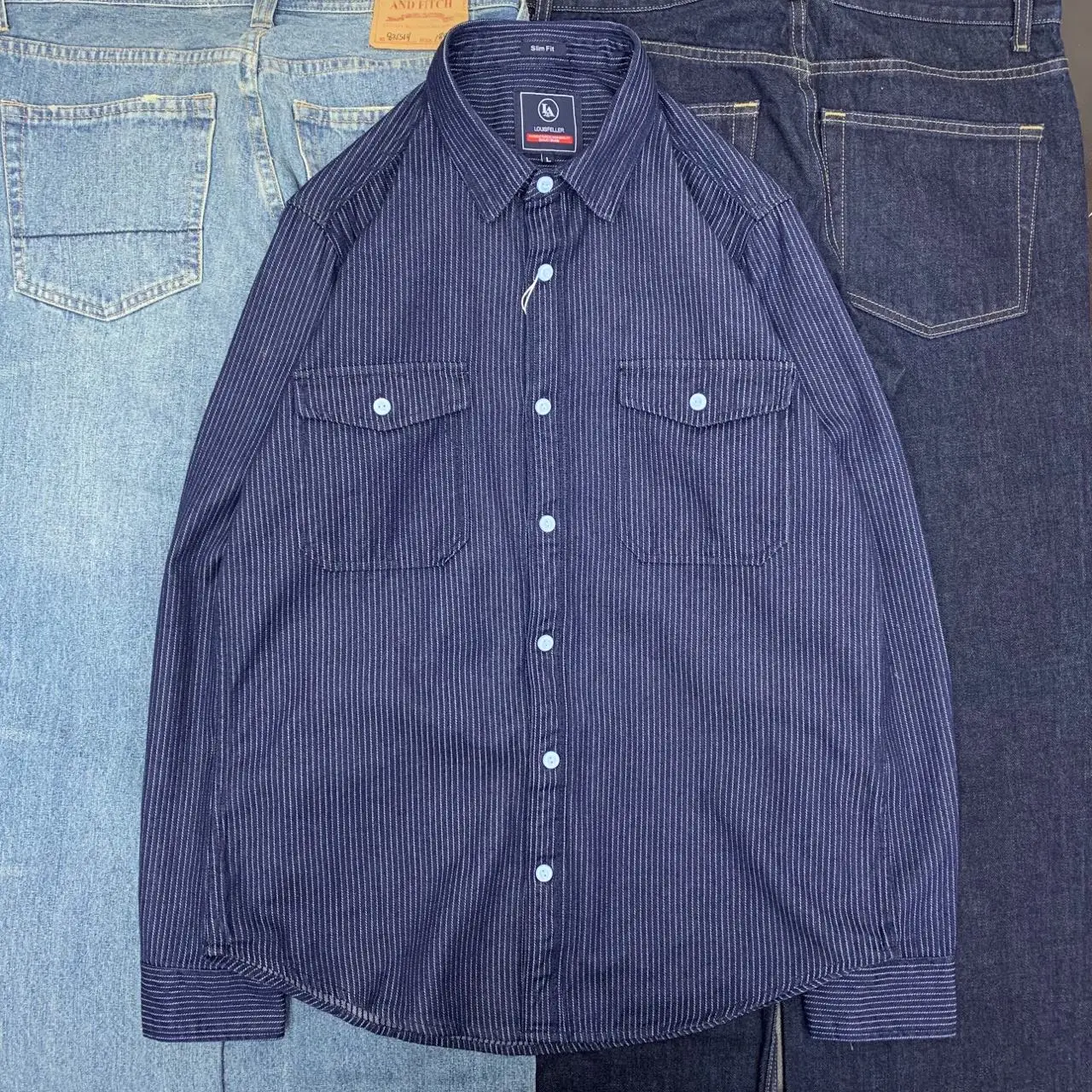 Retro Japanese Style Workwear Shirt Original Color Denim Pure Cotton Vertical Stripes Harajuku Loose Long Sleeve Shirt