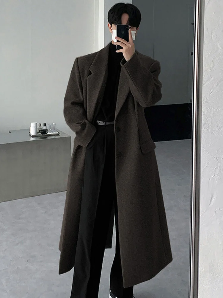 

Autumn Winter Long Thick Warm Soft Fitted Woolen Coat Men Single Breasted Cool Luxury Chic Wool Blends Overcoat 2024