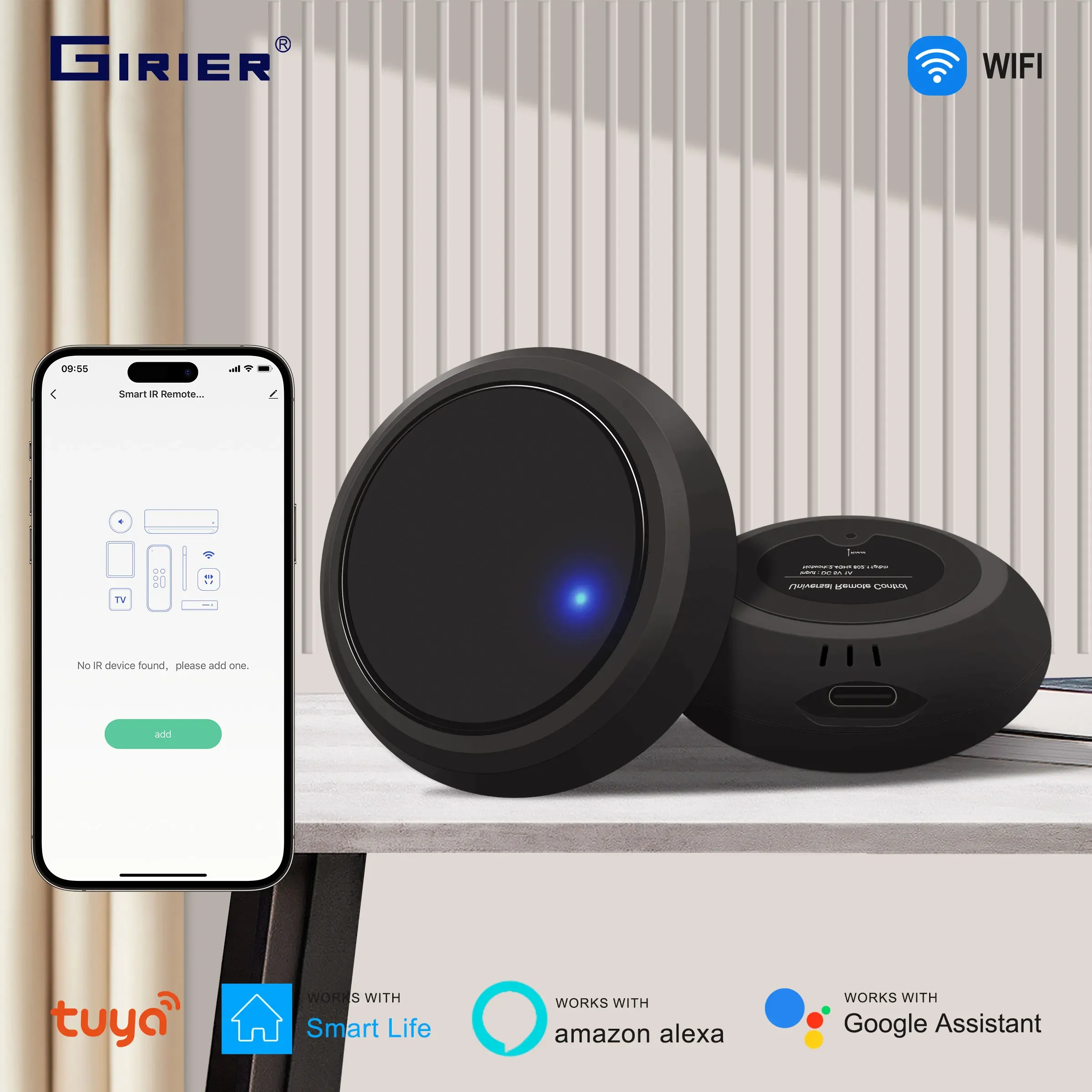 

GIRIER Tuya Smart IR Remote Controller, WiFi Universal Infrared Remote Blaster for AC TV DVD STB, Works with Alexa Google Home