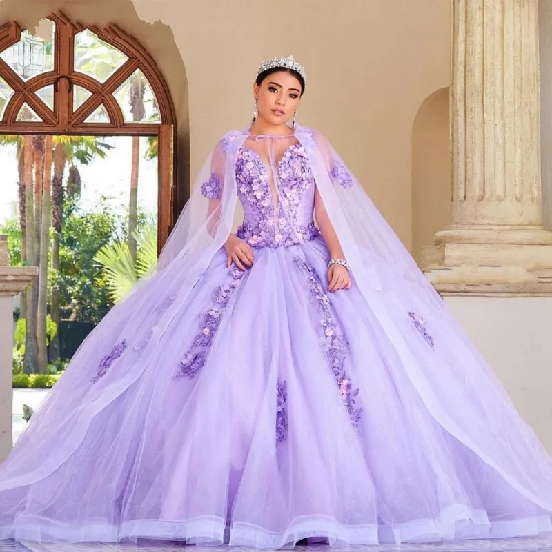 

Lilac Quinceanera Dresses With Cape Ball Gown V-Neck 3D Flowers Beading Party Princess Sweet 15 Dress Tulle Lace-Up Backless