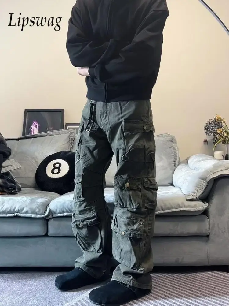 

Vintage Mutli Pockets Denim Cargo Pants Men Outdoor Casual Solid Color Loose Straight Jeans Trousers Stylish Patchwork Bottoms