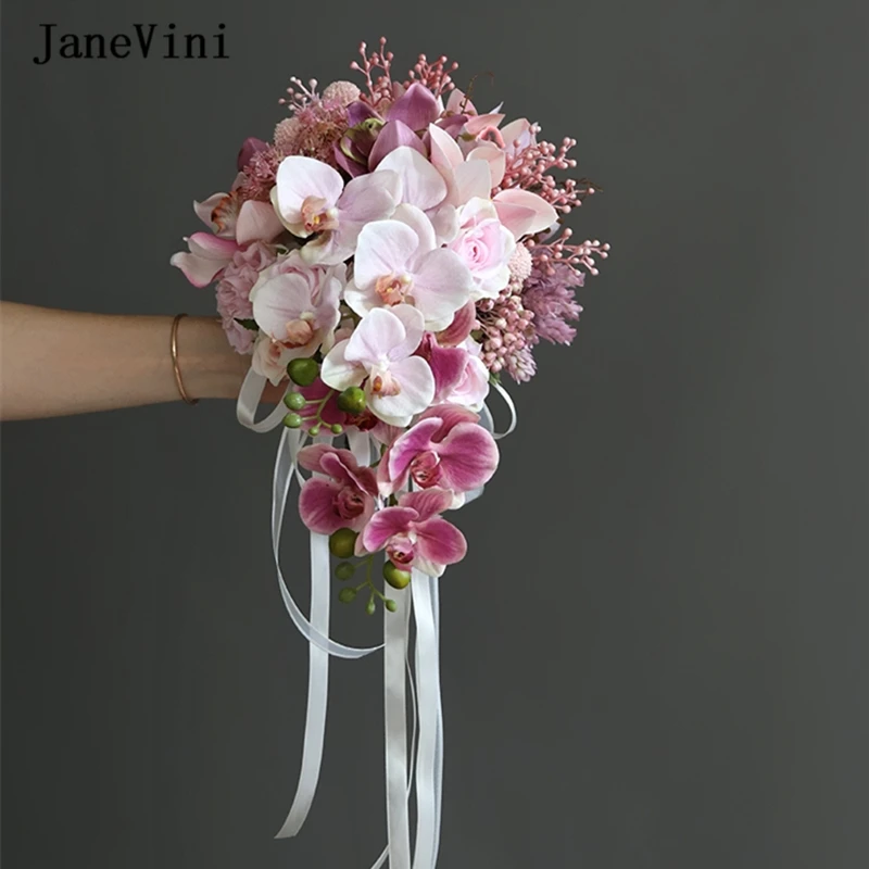 JaneVini 2024 Pink Purple Waterfall Bridal Bridesmaid Wedding Bouquets Artificial Silk Roses Cascading Flowers Bouquet for Bride