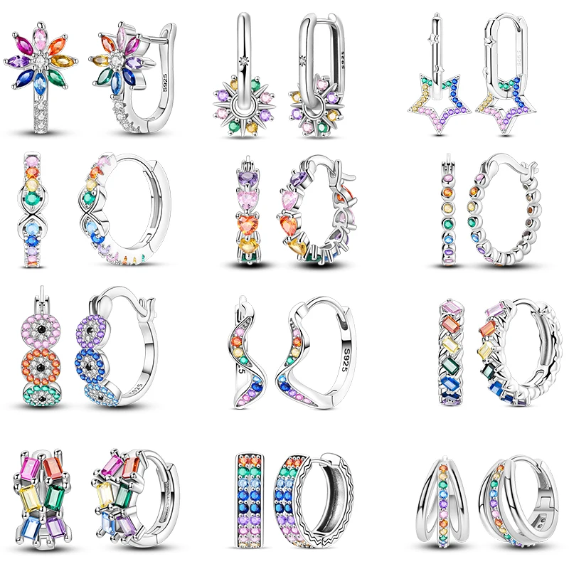 S925 Sterling Silver Colorful Rainbow Zircon Hoop Earrings Star Flower Square Ear Buckle For Women Trendy Jewelry Birthday Gift