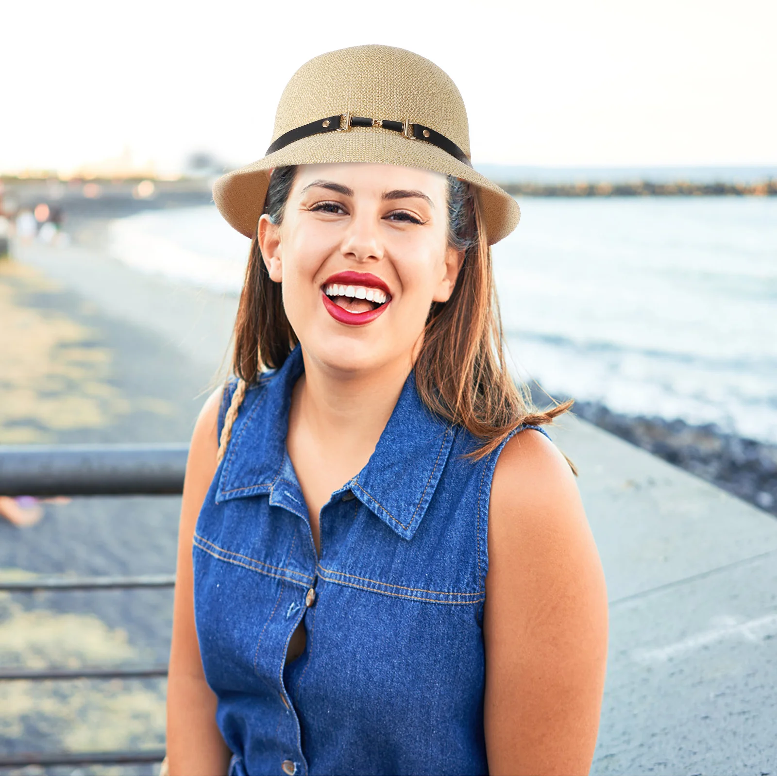 

Ladies Straw Bucket Hats for Summer Men Exquisite Breathable Outdoor Beige Miss