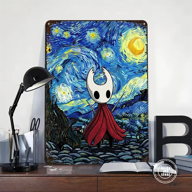 Hornet in Hollow Knight Starry Night Personalized 3D Textured Metal Poster Wall Art Tinplate Sign for Garage Accessories Decor
