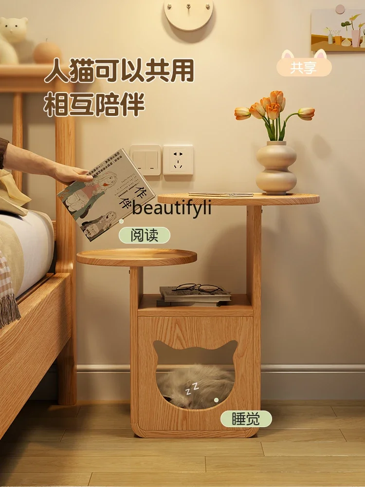 Solid Wood Small Table Cat Nest Tea Table Sofa and Bedside Circle and Creative Corner Table