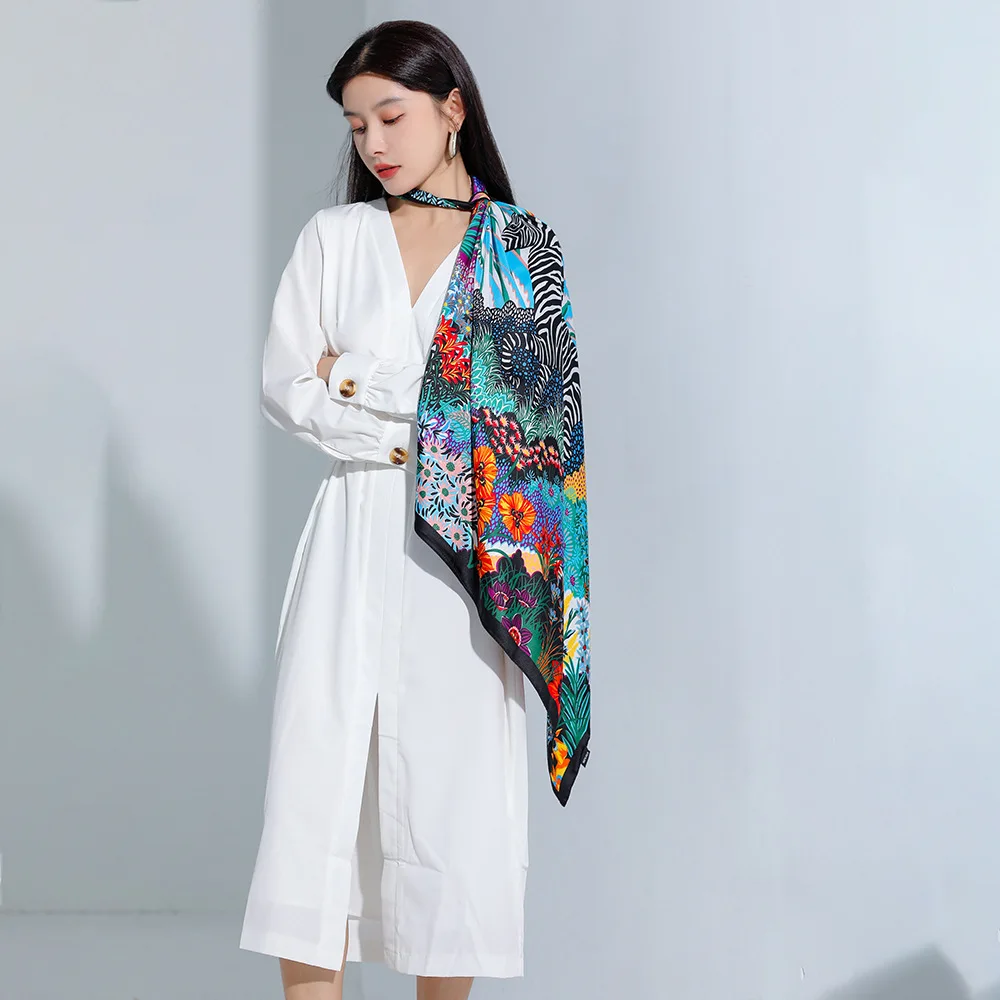 90*90cm Women Scarf Silk Feeling Hair Neck Square Brand Office bandanna muffler Waiter Flight Attendants Handkerchief Rings wrap image 2