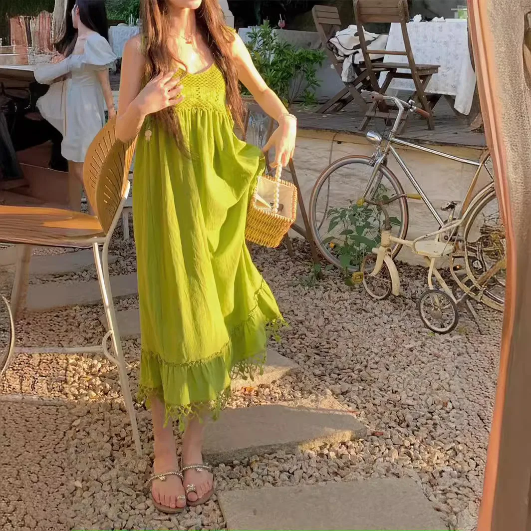 Original Avocado Green Knit Camisole Dress Spring and Summer Women Loose Hollow Patchwork Breathable Casual Mori Style Dress