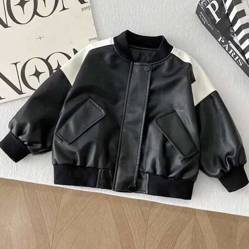 

Весенне-осенняя детская куртка-косуха из искусственной кожи для мальчиков, новая повседневная куртка на молнии с комбинированными вставками