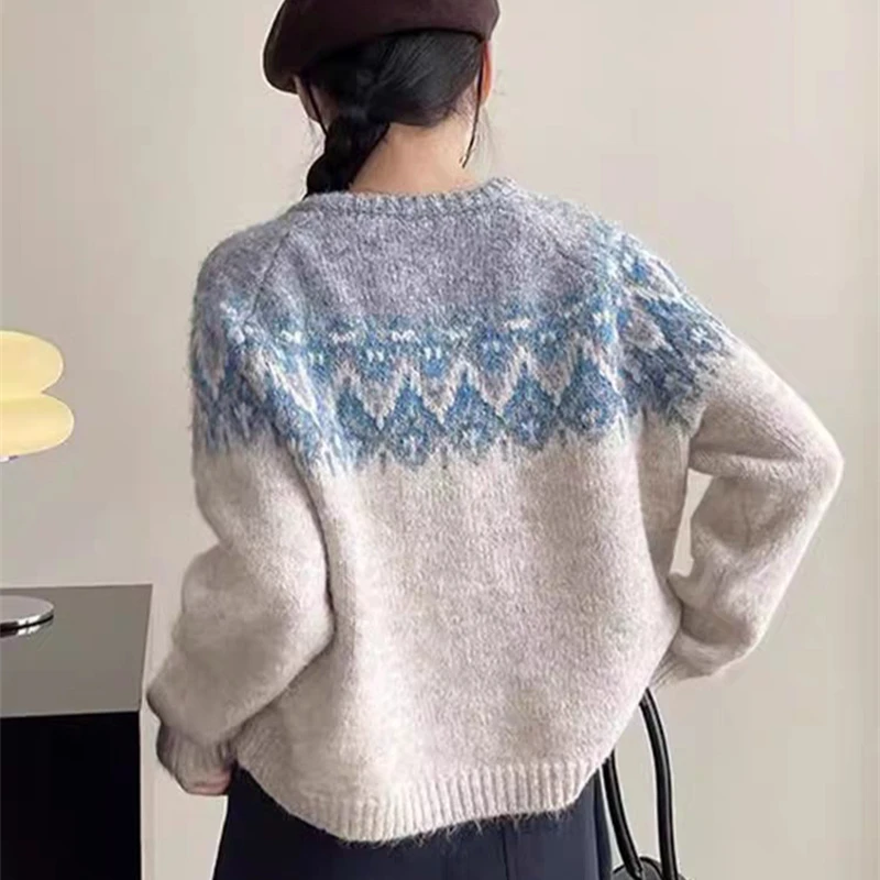Coréen rétro O cou couleur contrastée Jacquard doux femmes pull manteau automne hiver nouveau paresseux coupe ample casual tricot Cardigan