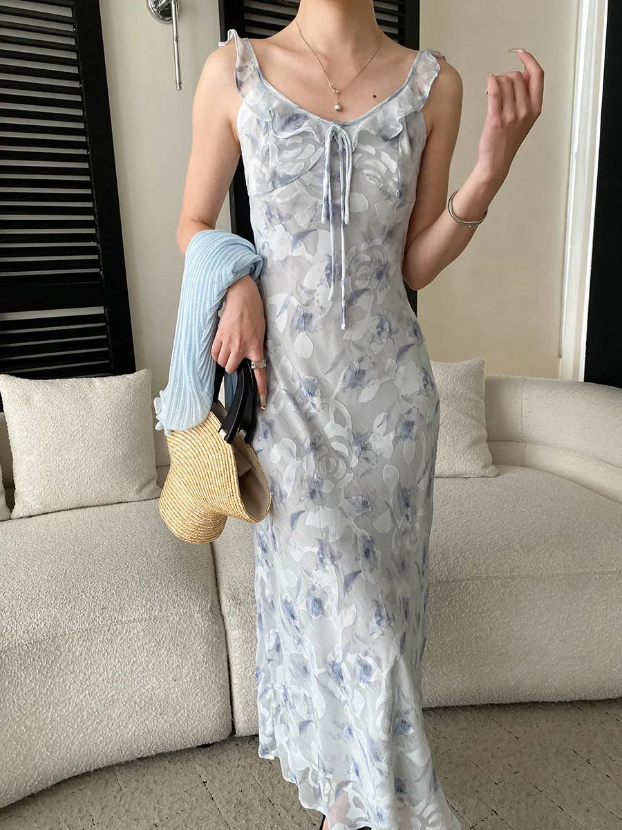 Frühlings- und Sommer-Set für Damen: Rüschenkleid mit Schnürung und Blumenmuster sowie Strickjacke – Detail 19