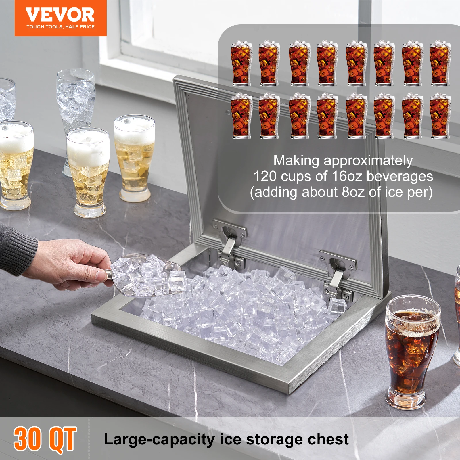 VEVOR Drop in Ice Chest Stainless Steel Ice Cooler Commercial Ice Bin with Hinged Cover Outdoor Kitchen Ice Bar