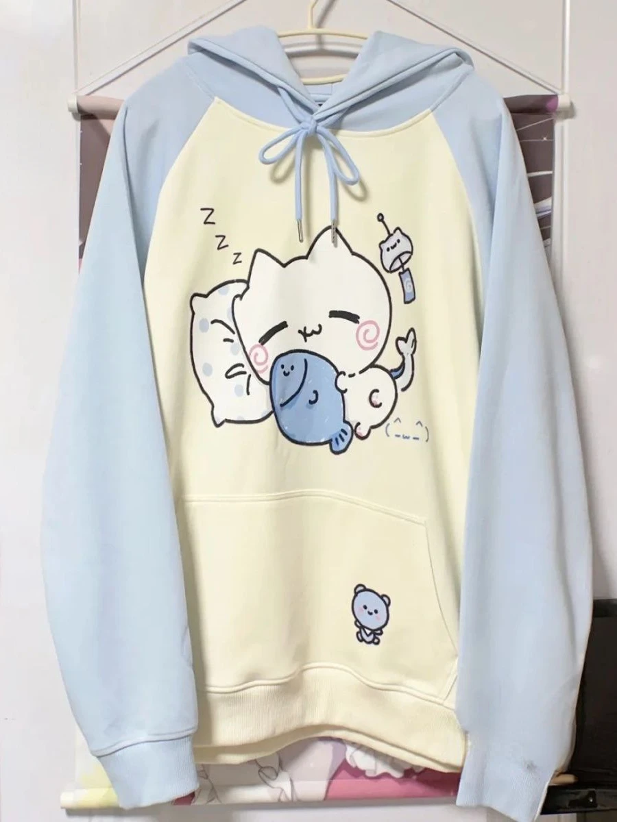 Y2k Aesthetic Cartoon Print Hoodies Tops Women Autumn Harajuku Drawstring Pullovers Japanese Patchwork Kawaii Pocket Sweatshirt