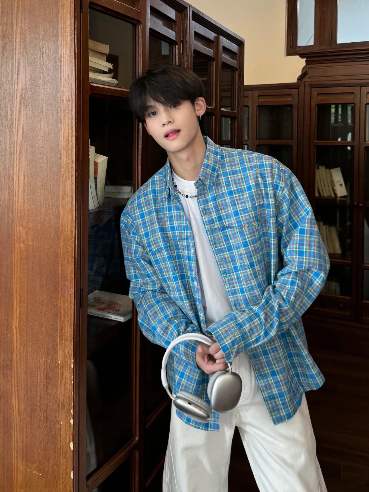 American Sle Long Sve Plaid irt ex Loose Vintage Freened up Primavera Estate Fibra di poliestere Abbigliamento casual