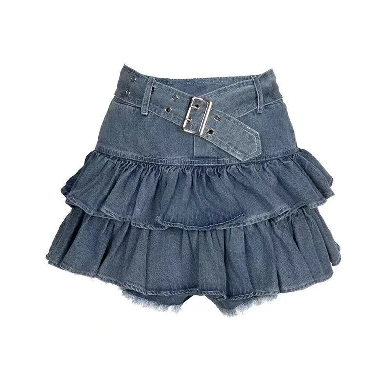 New Retro Hot Girl Ruffled Fake Two-piece High Waist Denim Skirt Female Y2K Summer New Design Sense Waist Cake Skirt Denim Skirt