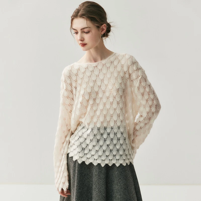 Women 100% Cashmere Sweater Pullover Knitwear Clothes Spring Autumn Slash Neck Petal Pattern Hollow Out Blouse Casual Female Top