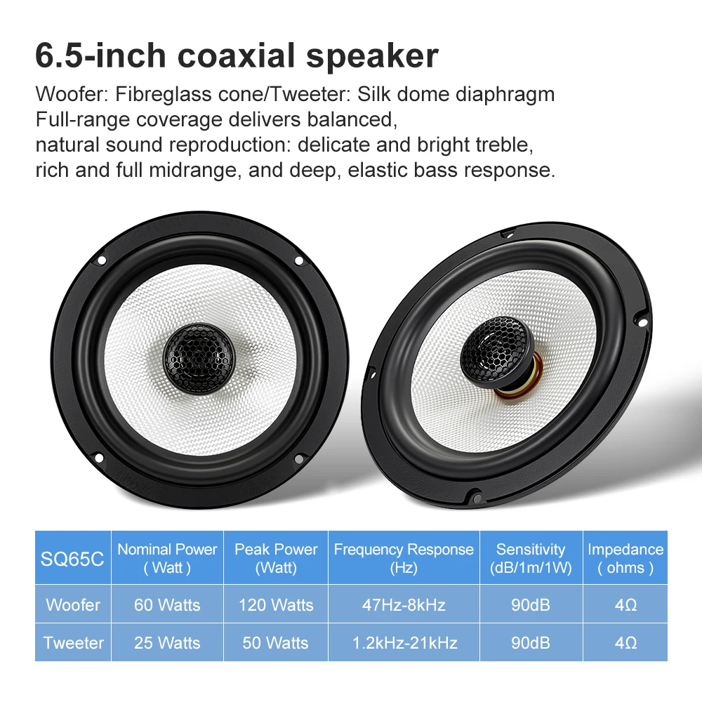 2Pcs 6.5-inch 240-watt (2×120-watt) automotive coaxial speakers, silk dome tweeters, bass drivers, Hi-Fi lossless installation
