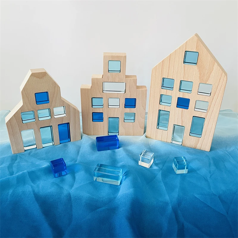 Rainbow Acrylic Lucent Cubes Stacking Blocks Wooden House Translucent Crystal Gem Stone Stacking Open Ended Toys for Children