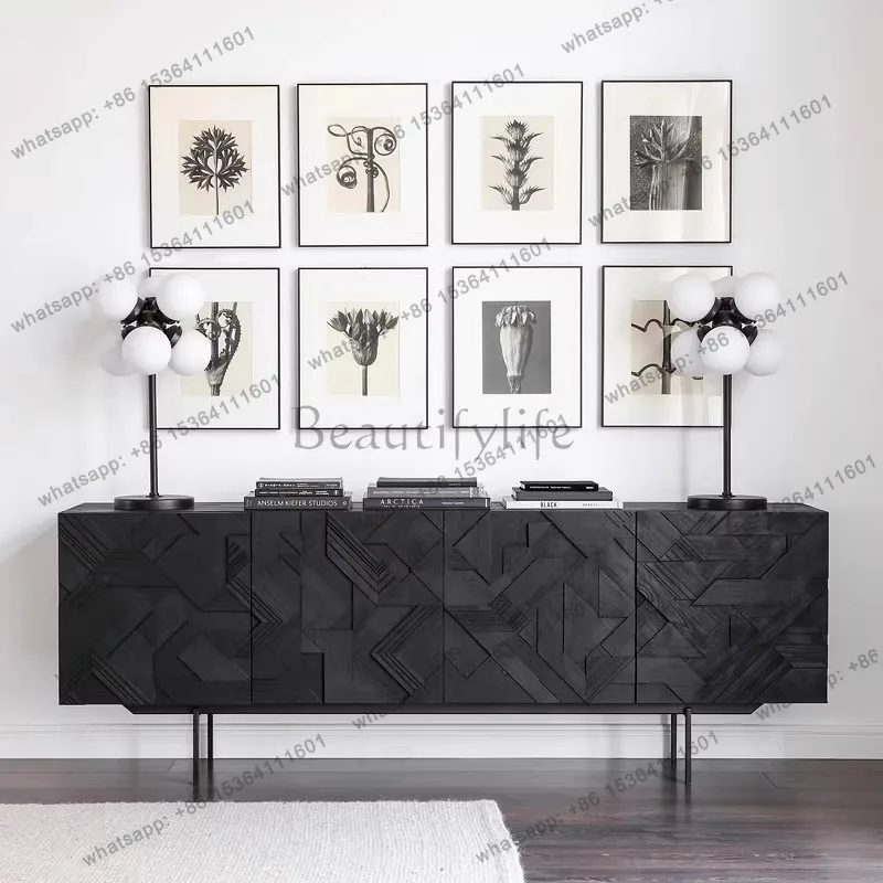 PJ Nordic medieval industrial style dining side cabinet light luxury living room solid wood carving flower decorative cabinet