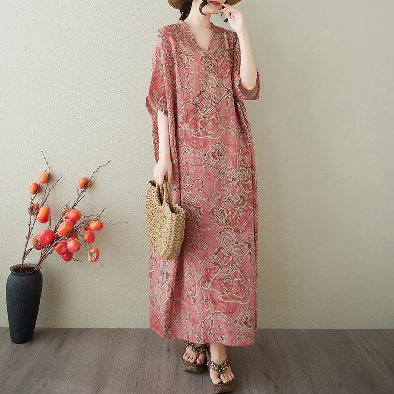 Abito estivo da donna stampato in misto lino stile arabo mezze maniche abiti lunghi larghi casual abito Boho da vacanza al mare di grandi dimensioni