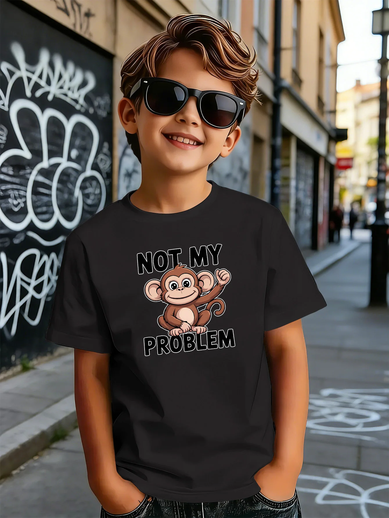 Cartoon Monkey Not My Problem Print T Shirt Boys Girls Parent Child Matching Soft Cotton Casual Short Sleeve Basic Daily Tees