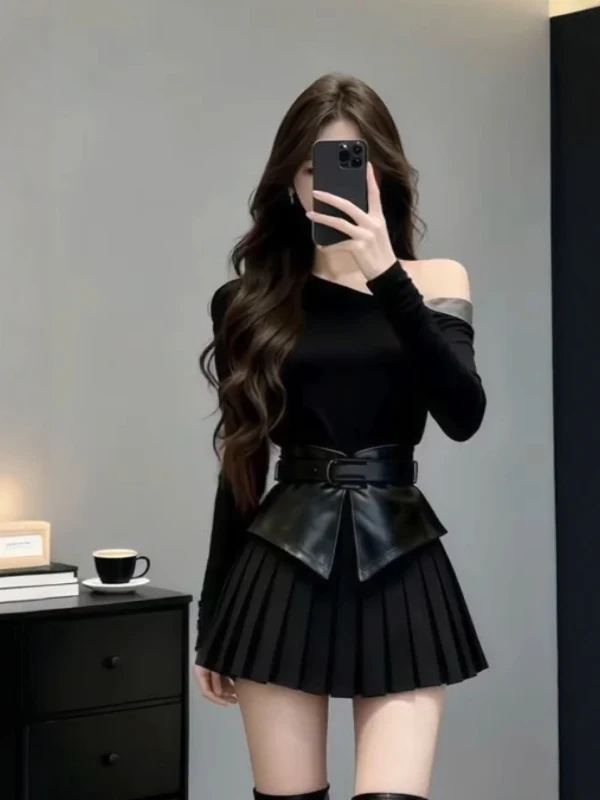 

Elegant Black Sexy Asymmetrical Collar Long Sleeve Dress Women's Spring New Waist Belt Pleated Short Skirt French Style Slim Fit