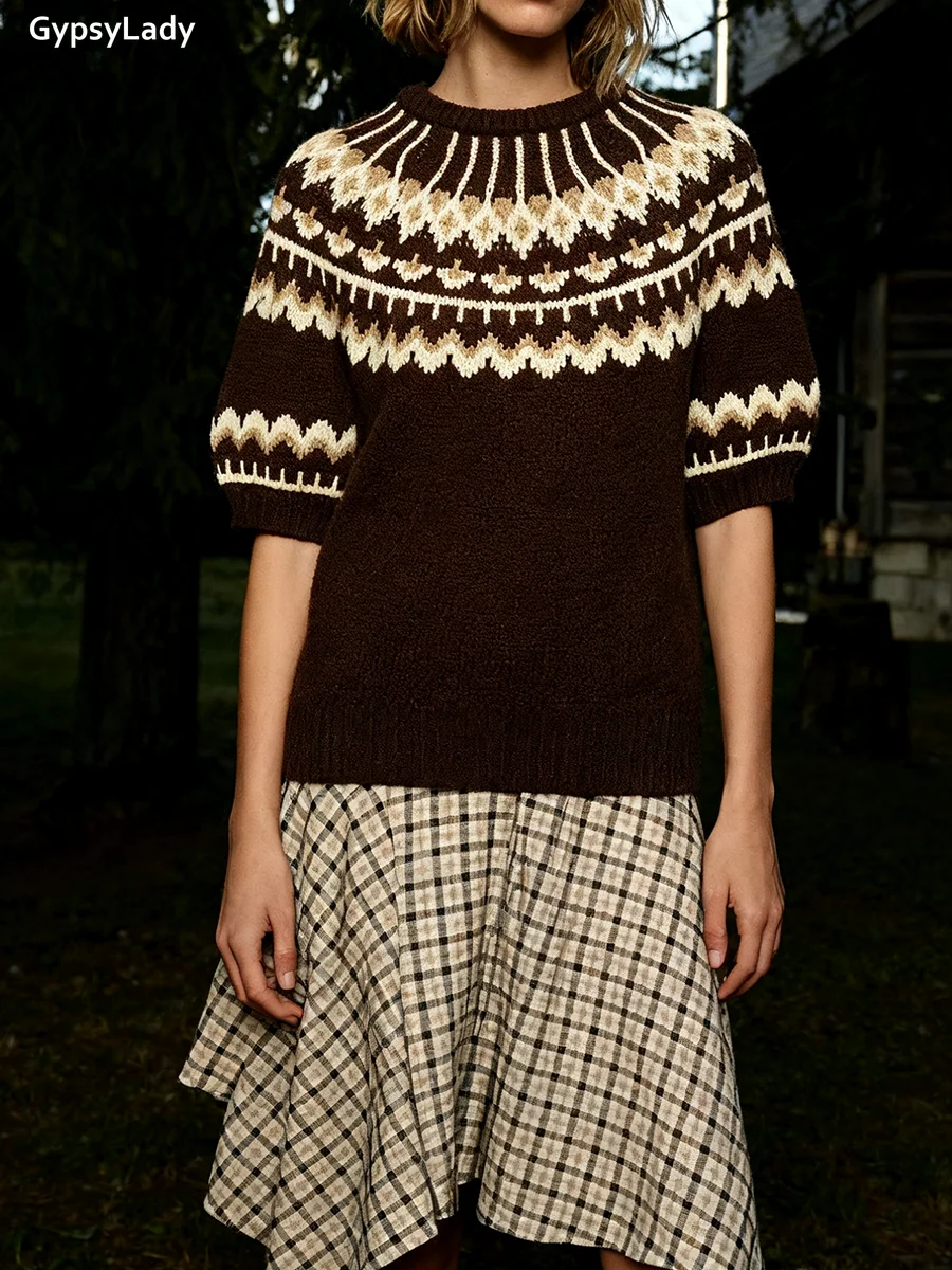 

Французский шикарный винтажный свитер с цветочным принтом, пуловеры, женский осенне-весенний жаккардовый вязаный топ с короткими рукавами и цветочным узором, женский трикотаж