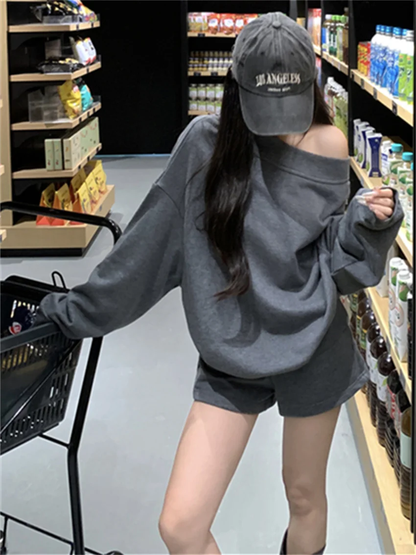 PLAMTEE Grey Sweatshirts Women Skew Collar Loose High Street Autumn Wide Leg Shorts Suits Fashion Office Lady Casual New Sets