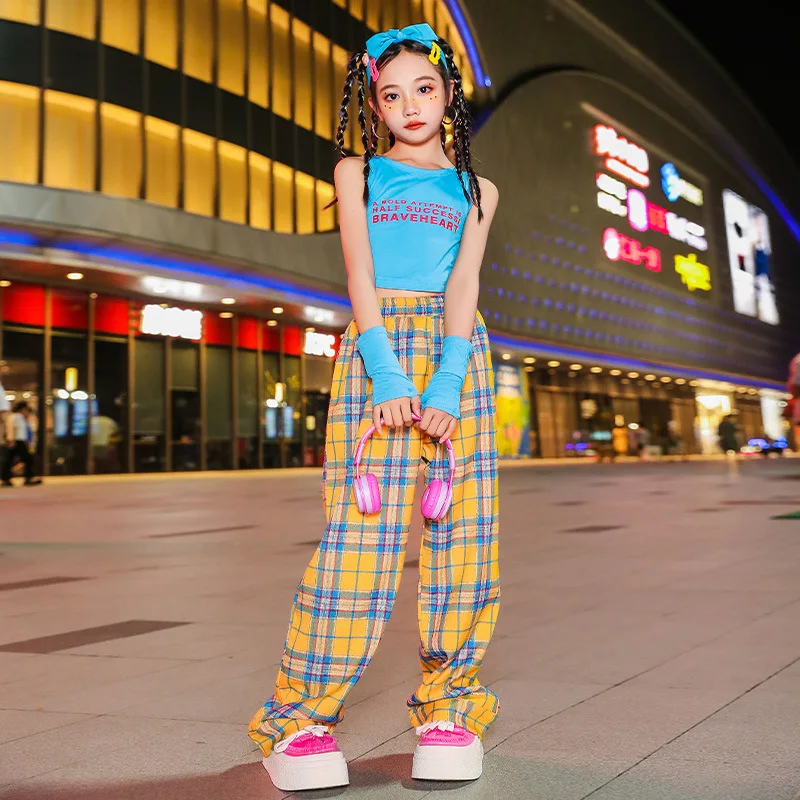 Girl Hip Hop Clothes Crop Top Yellow Plaid Cargo Pants Suit Girls\' Summer Stage Jazz Dance Spicy Girls\' Performance Clothes