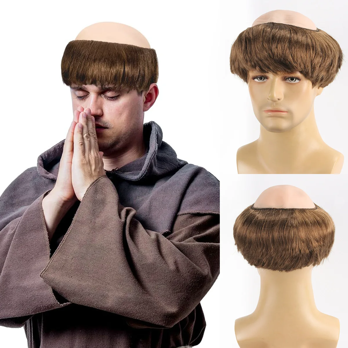 Funny Cosplay Bald Head Wig Monk Wig Novelty Brown Bald Cap Children Adult Monk Costume Wig Suitable for Halloween Cos Wigs