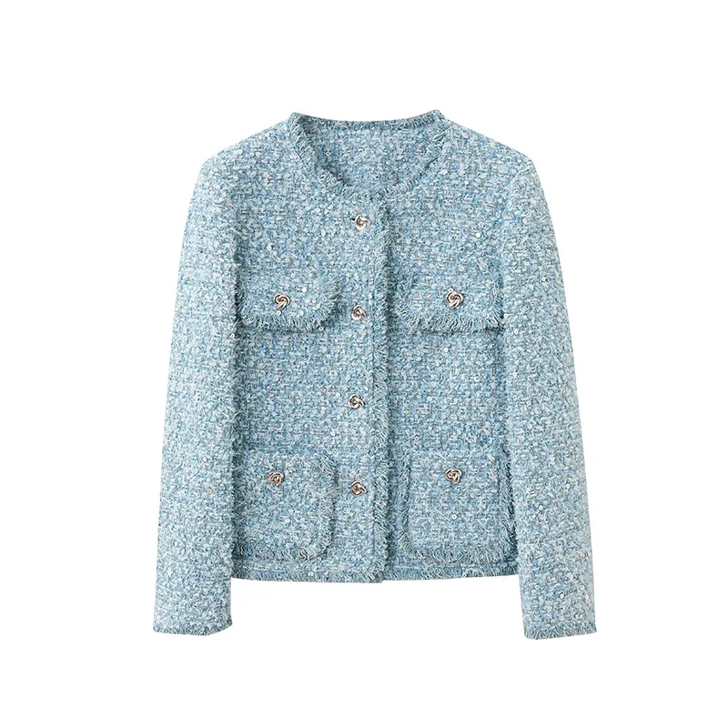 

High Quality Blue O Neck Small Fragrance Short Coat Women Winter Fashion Tweed Long-sleeved Sequined French Lady Short Coat