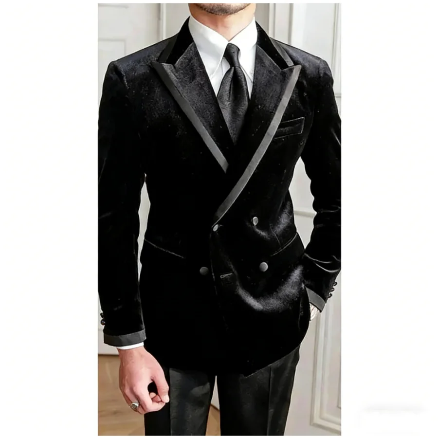 

Black Men Suits Double Breasted Peaked Lapel Formal Wedding Groom Prom Casual Male Clothing Custom Velvet Jacket Solid Pants
