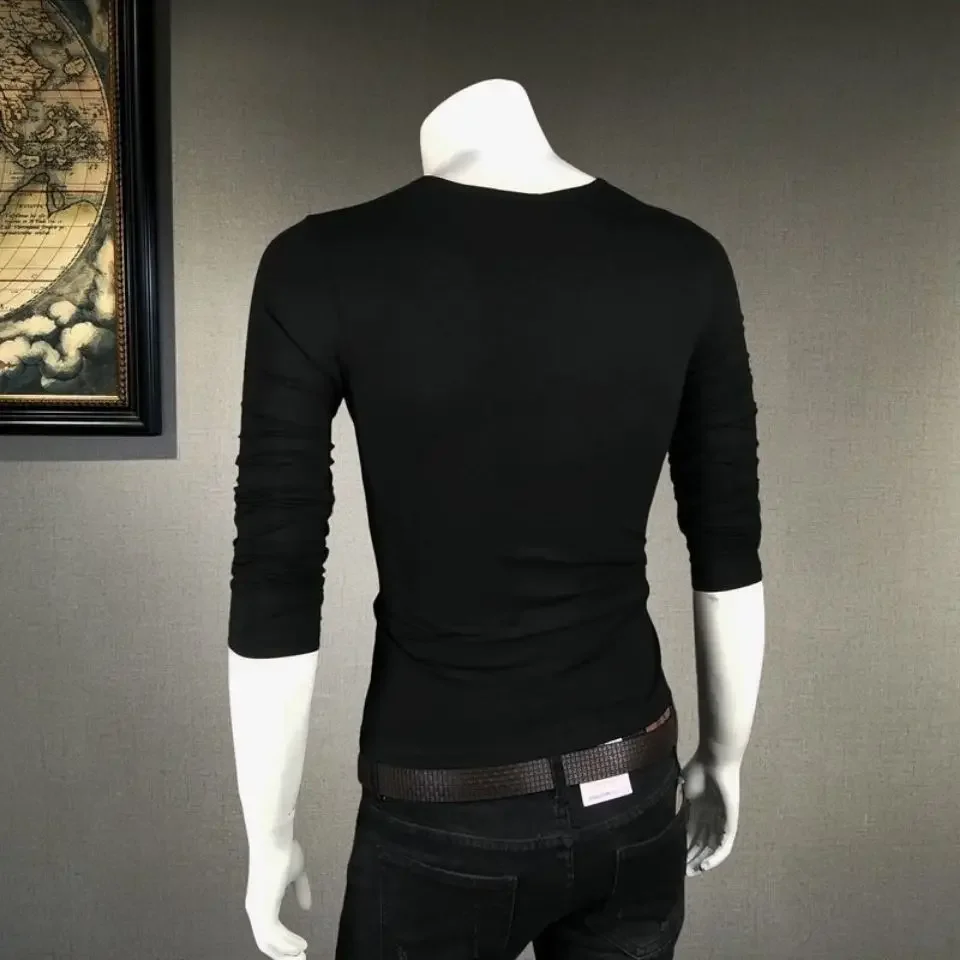 Korean Autumn Man Pullovers Tight T Shirt for Men Long Sleeve Slim Fit One Piece 90s Vintage Sweatshirts Tshirt Social Aesthetic image 3