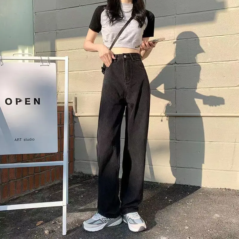 Women\'s Spring and Autumn 2023 New Loose Thin Drape Wide-leg Mopping Pants Black High-waist Ripped Straight-leg Classic Jeans