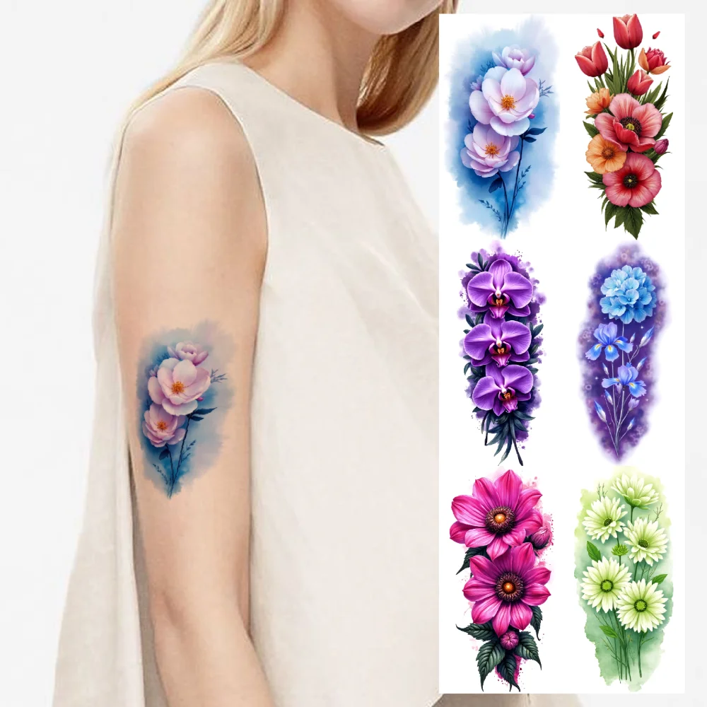 

9pcs Temporary Tattoo Realistic Temporary Tattoos Purple Flowers Orchid Orange Flowers For Arms Back Adult