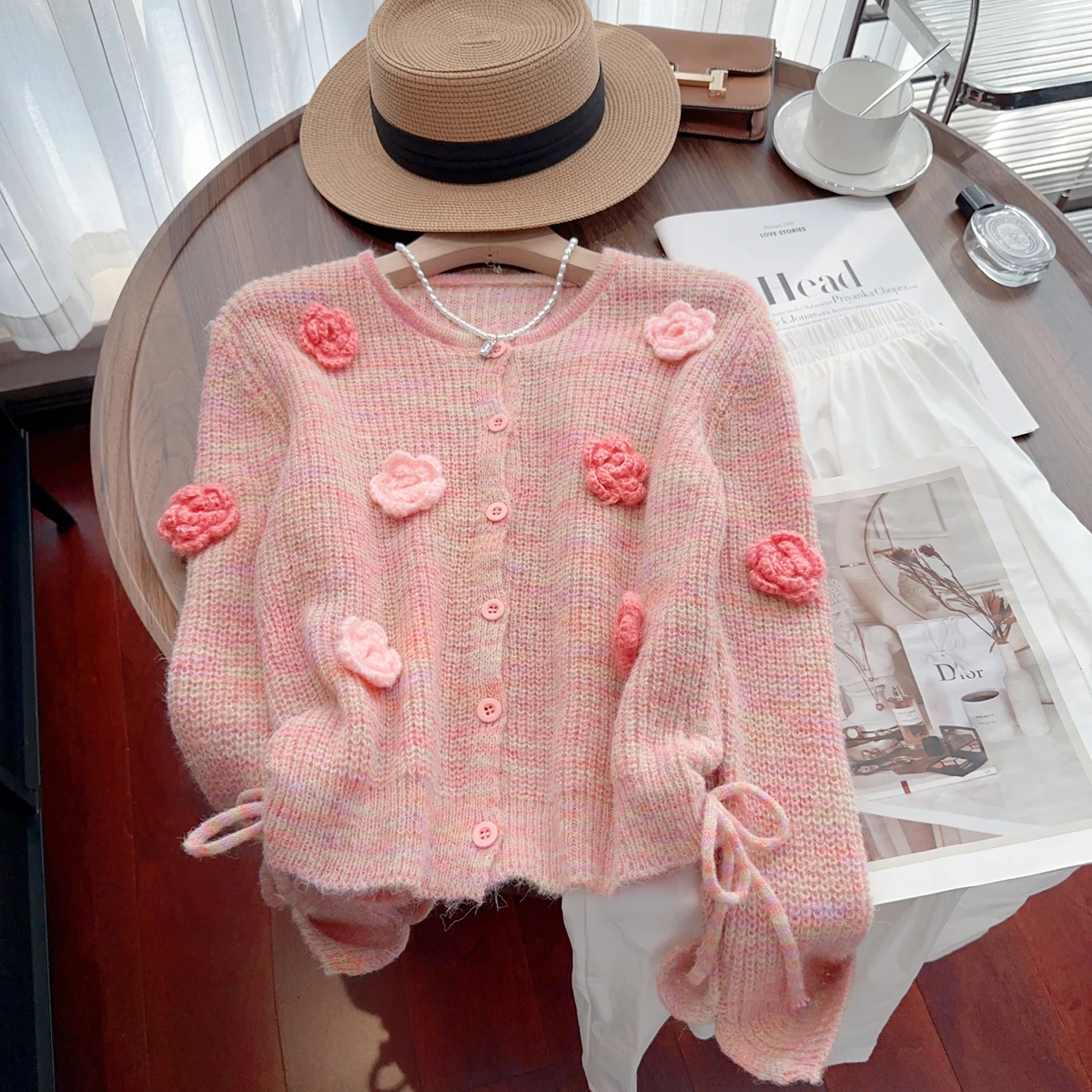 2024 Autumn Flowers Embroidery Short Sweater Cardigan For Women Long Sleeve Japanese Kawaii Sweet Clothes Knitted Pink Sweater