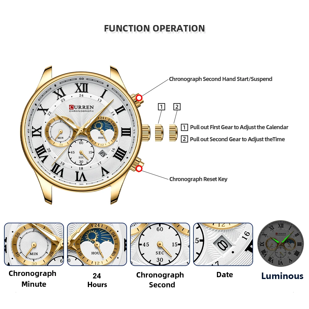 CURREN Modische Sport-Chronograph-Armbanduhr für Herren, Edelstahlarmbanduhr mit automatischem Datum