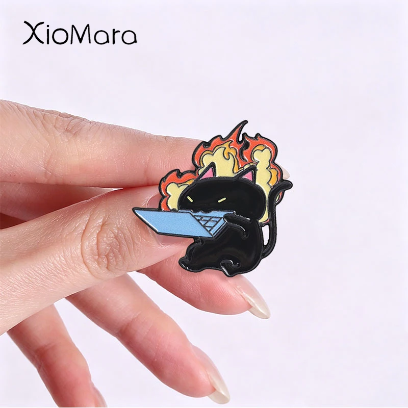 Flaming Black Cat Playing Laptop Enamel Pins Cute Gamer Themed Metal Brooches Fashion Lapel Badge Backpack Clothes Jewelry Gift