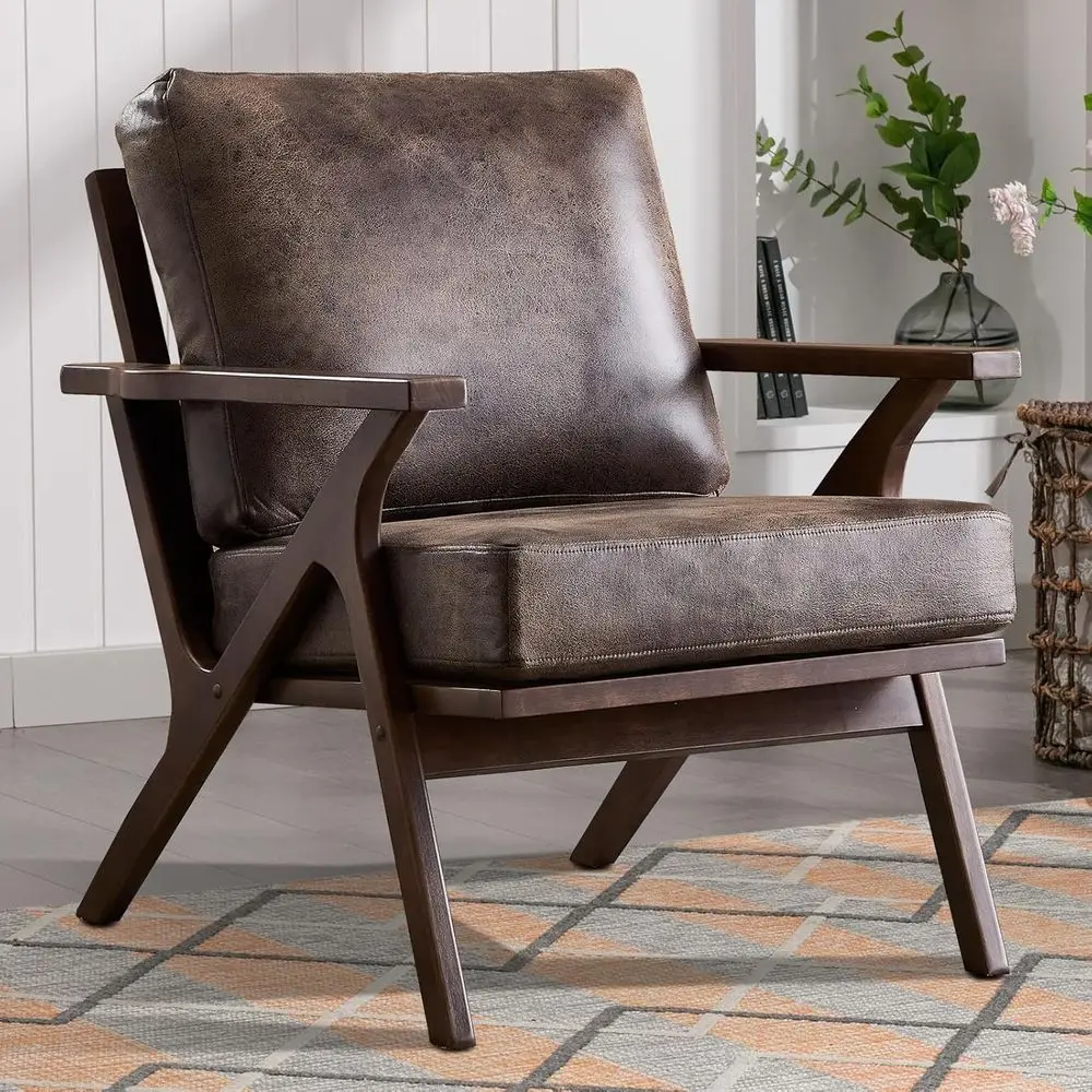 

20th Century Style Accent Chair: Wood Frame, PU Leather, Thick Padded Arms, Removable Cushions, Grey