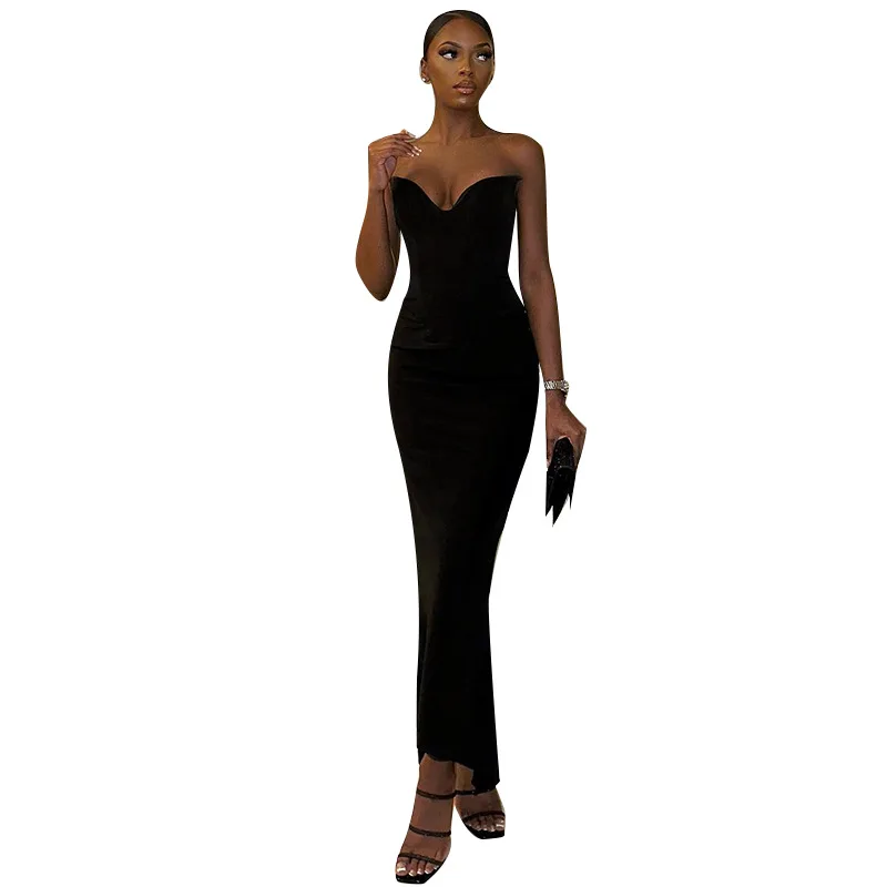 

Sexy Black Strapless Corset Dresses for Women, Elegant V Neck, Backless Bodycon, Long Maxi Dress, Evening Party