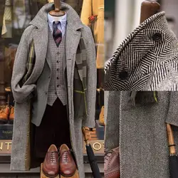 Customized Men Overcoat Suits Tweed Herringbone Wool Blend Long Coat Regular Fit Jacket One Piece