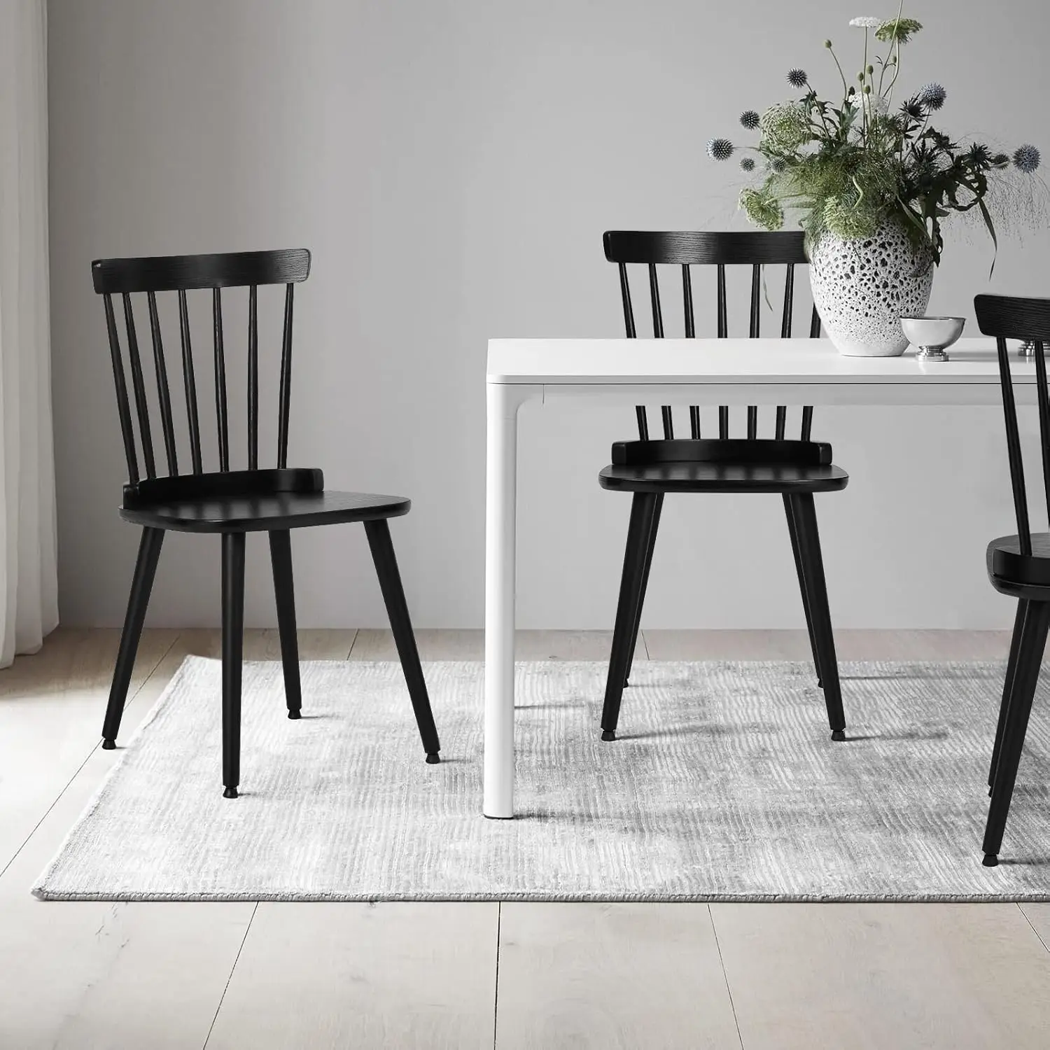 Dining Chair Set of 6 Farmhouse Solid Wood Spindle Back Side Chair Mid-Century Modern Black Kitchen Chair for Dining Living Room