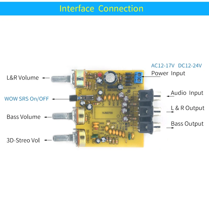 Тональная плата UNISIAN 3D SRS NJM2700 SRS Аудиопроцессор 2,1 канала NJM2700 Аудио предусилитель