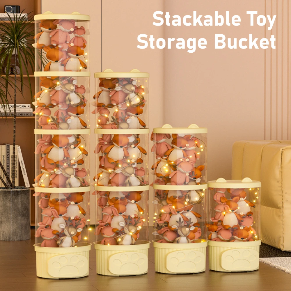 Doll Storage Box Stackable Spacesaving Transparent Toy Storage Bucket Moistureproof Dustproof Stuffed Toy Doll Organizer Barrel