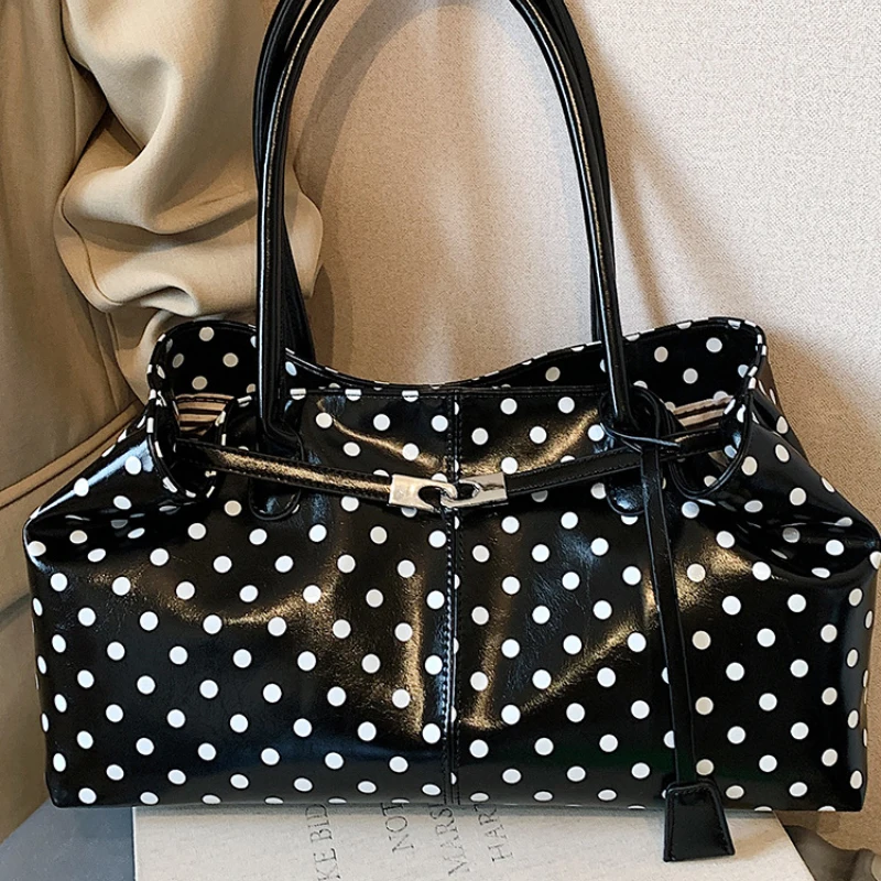 

Sweet polka dot tote bag,Niche Exquisite retro underarm bags,Lace-up lock PU leather Large capacity commuter handbags for women